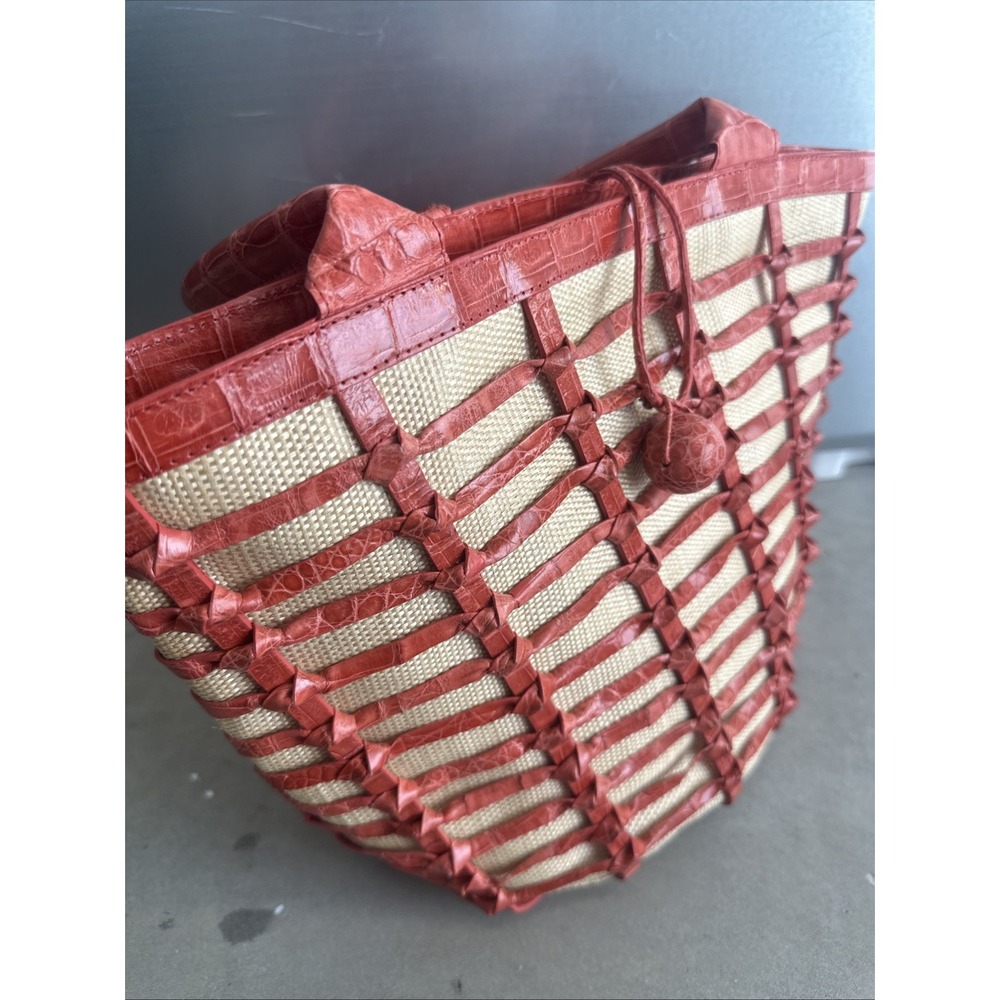 RARE Nancy Gonzalez Coral Red CROCODILE Woven Shoulder Bag Purse - Picture 5 of 8